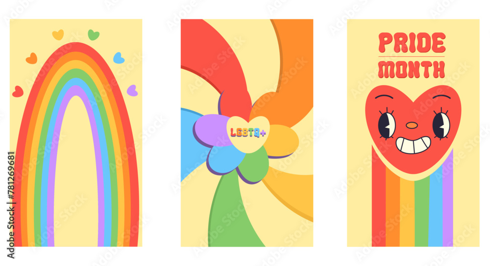 Color vector illustration with lgbt theme posters in groovy style. Pride month, rainbow, heart, lettering
