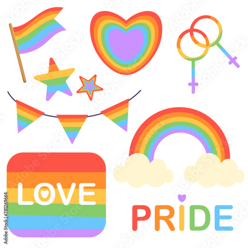 Color vector illustration with icons on the theme of LGBT. Pride month, rainbow, flag, heart, lettering