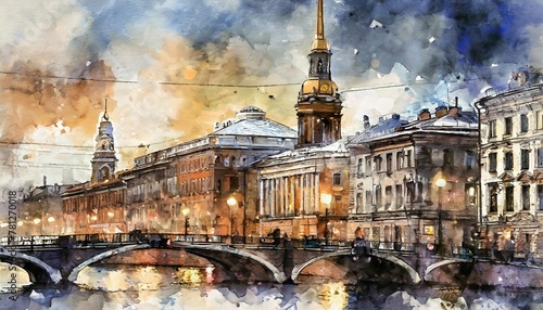 hand drawn sketch of saint petersburg with watercolor old city landscape © William