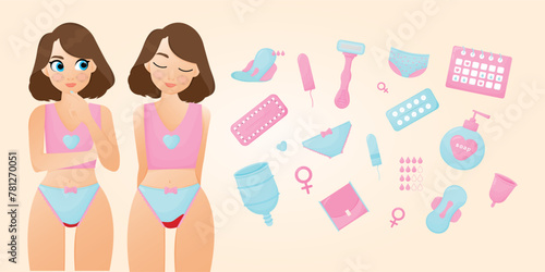 Feminine hygiene set. Women with period and hygiene product tampon, sanitary pads and menstrual cup. Vector illustration EPS 10.