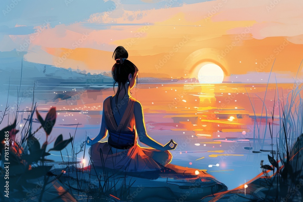 A woman meditating by a tranquil lake at sunrise