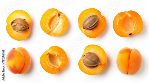 Set of fresh apricots isolated on white background, top view, capturing the essence of summer with ripe, golden apricots that radiate warmth and sweetness, artfully arranged to showcase their soft