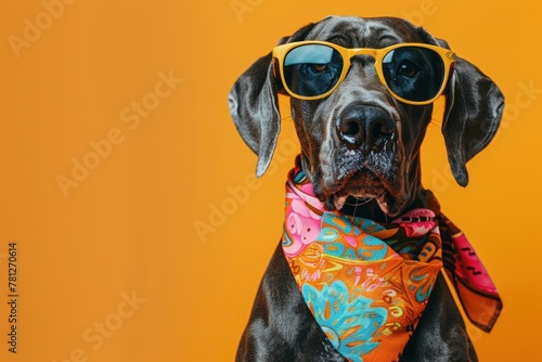 Funny banner with pets - Great Dane wearing sunglasses, colorful bandana in hippie style, isolated on soft orange background