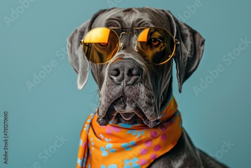 Quirky pet advertisement: Hip Great Dane sporting shades and vibrant headscarf, set against a serene blue backdrop
