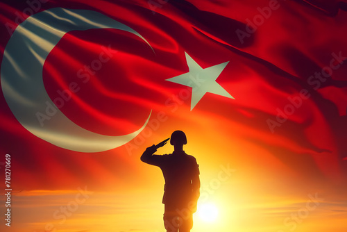 Silhouettes of soldiers saluting on background of sunset or sunrise and Turkish flag.  Memorial Day, Independence Day, greetings, generative ai