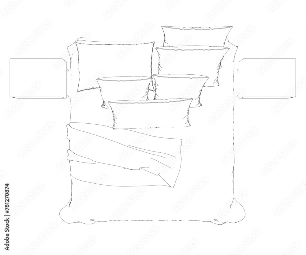 Outline of a sleeping bed with an unmade blanket and pillows from black lines isolated on a white background. View from above. Vector illustration. Outline of a sleeping bed with an unmade blanket and pillows from black lines isolated on a white background. View from above. Vector illustration.