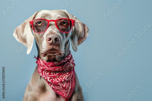 Funny pet banner - Weimaraner wearing sunglasses and red bandana in hippie style isolated on soft blue background
