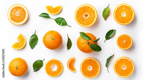 Set of fresh oranges isolated on white background, top view, showcasing the vibrant allure of citrus with a collection of oranges arranged to highlight their bright orange color and juicy texture.