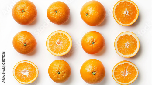 Set of fresh oranges isolated on white background  top view  showcasing the vibrant allure of citrus with a collection of oranges arranged to highlight their bright orange color and juicy texture.