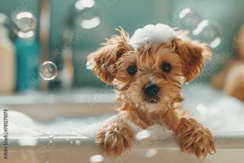 Funny puppy Dog takes a bath with shampoo and bubbles in the bathtub, concept for advertising a grooming salon