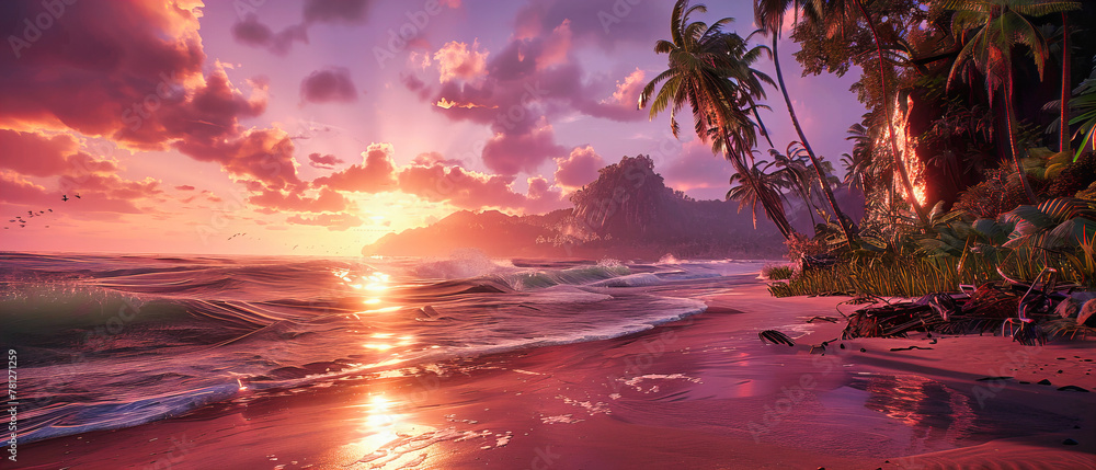 Secluded Tropical Beach at Dusk, Where the Skys Fiery Hues Reflect Off the Calm Ocean, Offering a Vision of Paradise