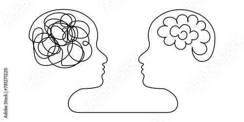 Continuous one line drawing of human brain and metaphor bipolar disorder, dual (split) personality concept. Patient and Psychologist. Editable stroke. Vector illustration 
