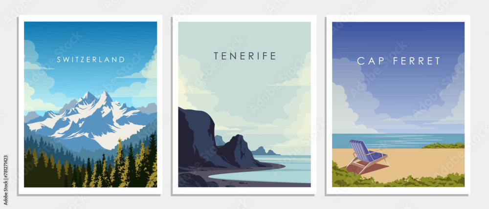 Collection of wall posters, travel postcards, banners