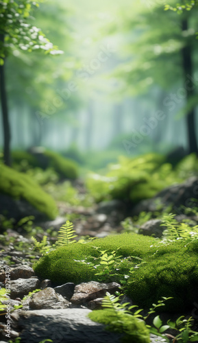 Sunlit Mossy Forest Rocks and Leaves