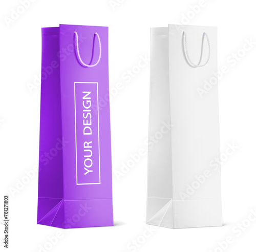 Shopping Bag Mockup. White paper packet bag with rope handles for wine bottle packaging. Pack supermarket or grocery store. Isolated on white transparent background. Vector illustration.