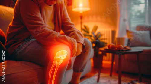 An image showing a person seated in a cozy living room, clutching their knee as if experiencing discomfort, red area suggesting pain. Ambient lighting comfortable surroundings. Banner. Copy space