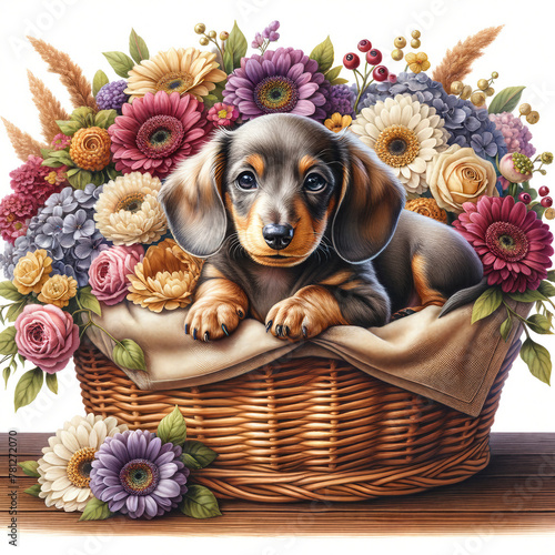 Cute Puppy dog breed dachshund in basket with beautiful flowers