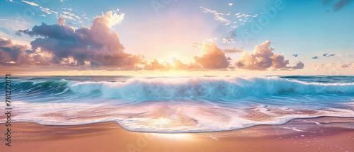 Serene Beach Sunset, Tranquil Ocean Waves and Soft Sand, Perfect Vacation Landscape