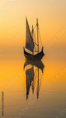 A single sailboat stands against a gradient golden backdrop, its form reflected in the still water below. photo