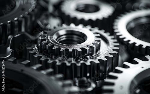 A macro shot of a complex gear system, with various interlocking cogs and wheels working together in perfect synchronization.