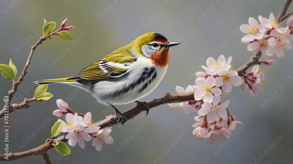 An exquisitely detailed image of a colorful bird perched on a cherry blossom branch, with vibrant flowers blooming around it