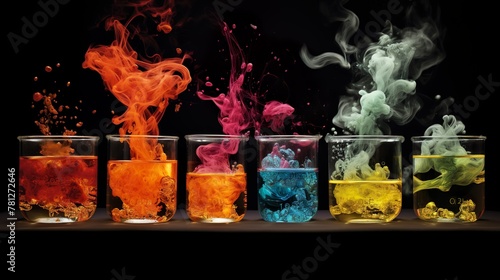 Realistic image of vibrant liquid splashes from chemical reactions in laboratory glass containers against a dark background
