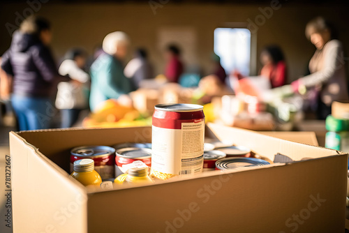 Cardboard box filled with various food items stands in the volunteer center. Charity, donation and volunteering concept © Dinara