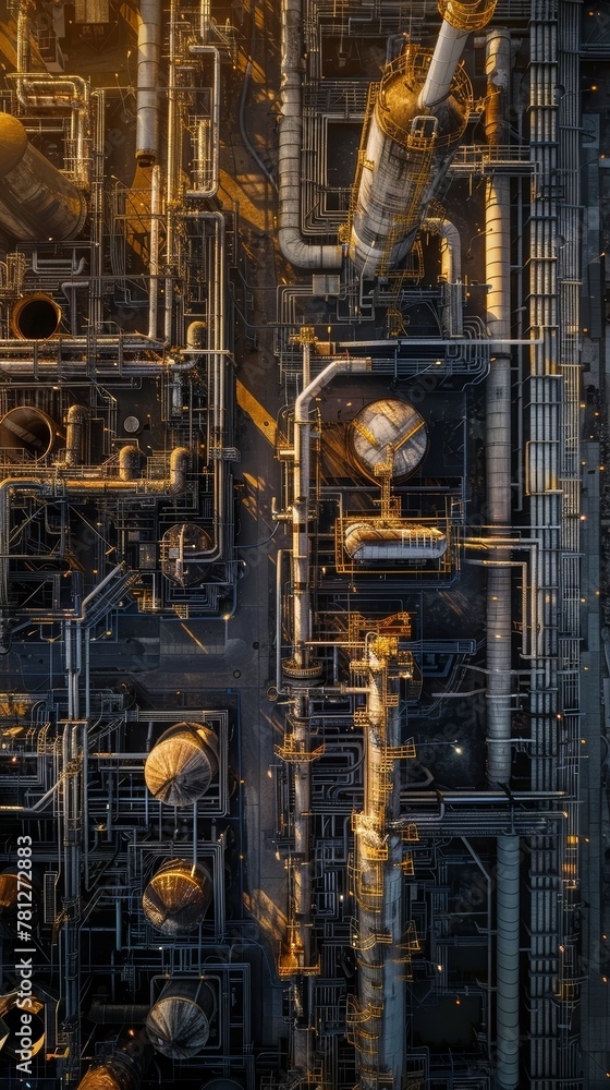 A vast, intricate network of glowing golden pipes, valves, and other industrial machinery forms a labyrinthine, mesmerizing tableau of technological prowess and visual complexity.