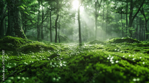 Serene Forest Bathed in Sunlight, Lush Greenery and Sunbeams Piercing Through, Peaceful Nature Scene, Early Morning Radiance
