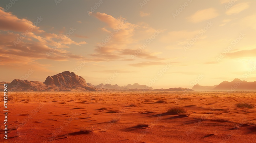 Naklejka premium A serene and expansive desert landscape bathed in warm orange hues under a soft, hazy sky invoking tranquility