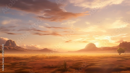 A vast desert scene bathed in golden sunlight with iconic rock formations and a single tree