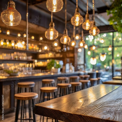 a dark wood tabletop bar in the background, adorned with vintage bar stools and softly lit pendant lights, creating a warm and inviting atmosphere for patrons to enjoy their favorite beverages.
