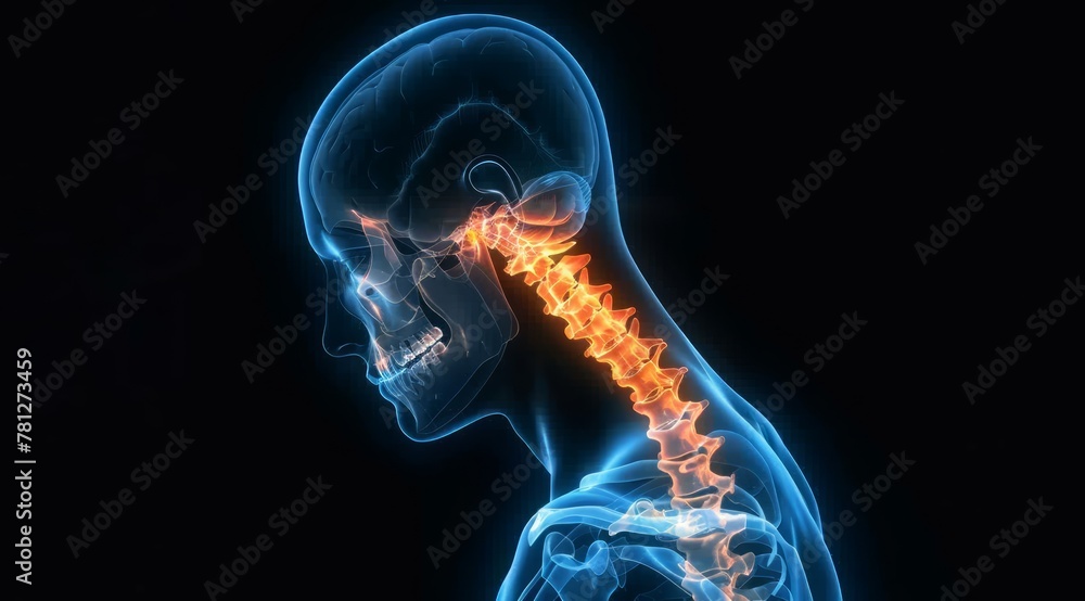 An X ray image of the head and neck showing areas of pain against a black background, Medical diagnosis, anatomy, healthcare concept An X ray image of the head and neck showing areas of pain against a black background, Medical diagnosis, anatomy, healthcare concept