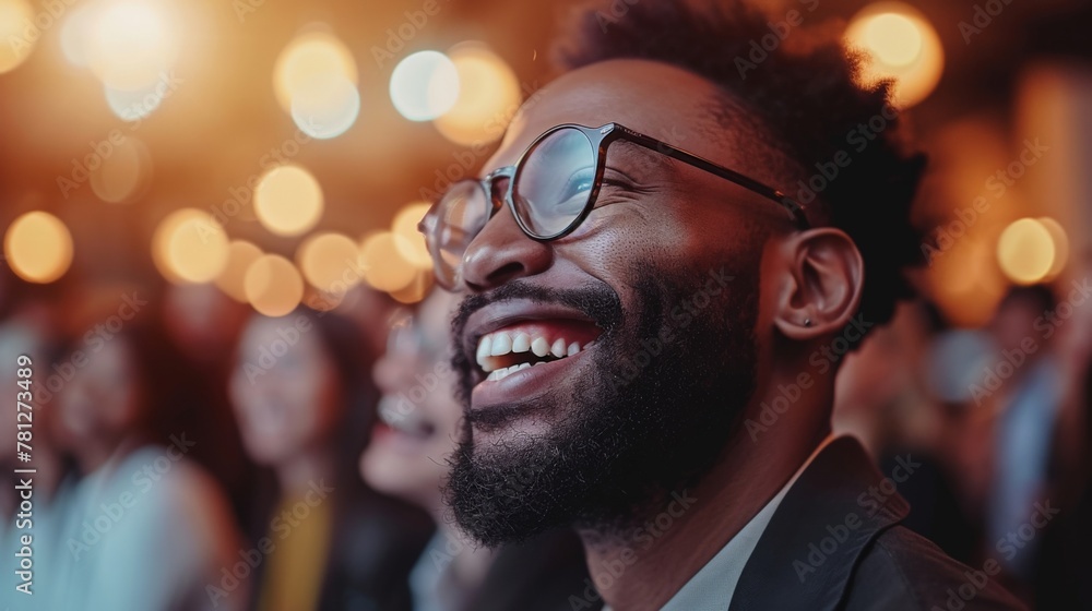 Happy bearded man with glasses smiling at the camera in front of a group of people Happy bearded man with glasses smiling at the camera in front of a group of people