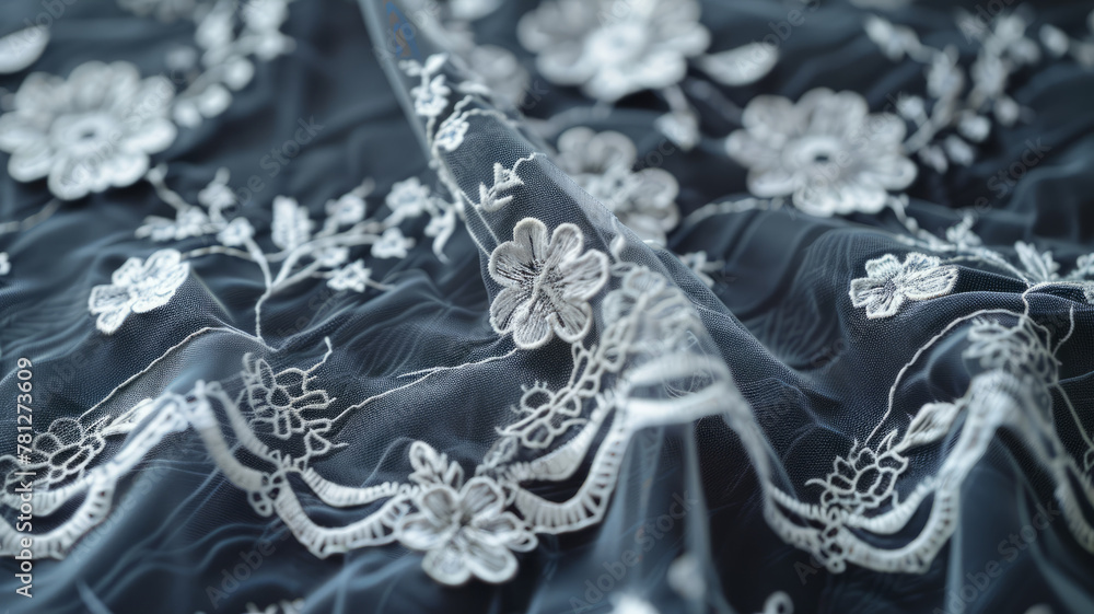 Fototapeta premium Photo of detailed lace fabric on a dark background.