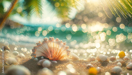 Beautiful sandy beach with blur sky and tree summer © Turan