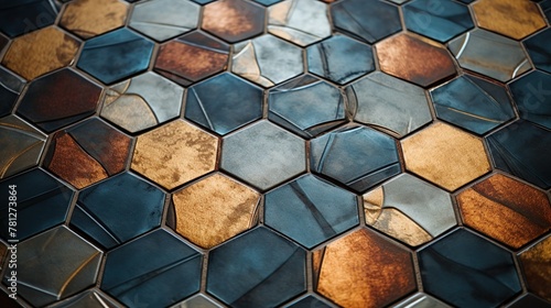A detailed shot capturing the earthy color palette and geometric pattern of hexagonal ceramic tiles reminiscent of modernist style photo