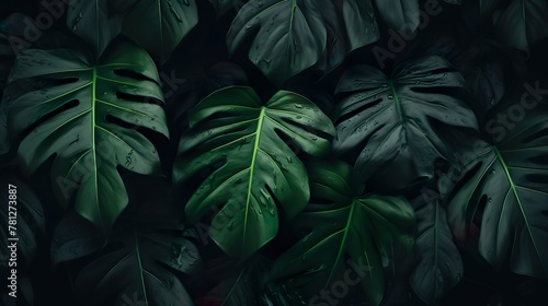 This image captures the fresh look of monstera deliciosa leaves with visible water droplets