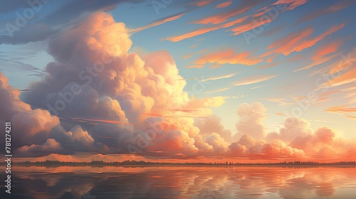 An idyllic landscape showcases a skyscape reflected in placid waters beneath, tinted by the soft glow of sunset photo