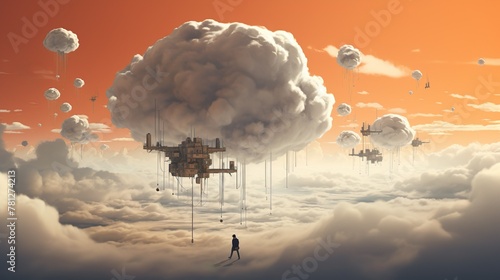 A futuristic scene unfolds with sprawling cities suspended among the clouds, overseen by a solitary wanderer #781274213