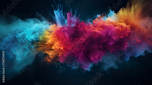 Capturing a high-energy moment, this image illustrates an explosive burst of colored powder, creating a dynamic and dramatic effect on a black background photo