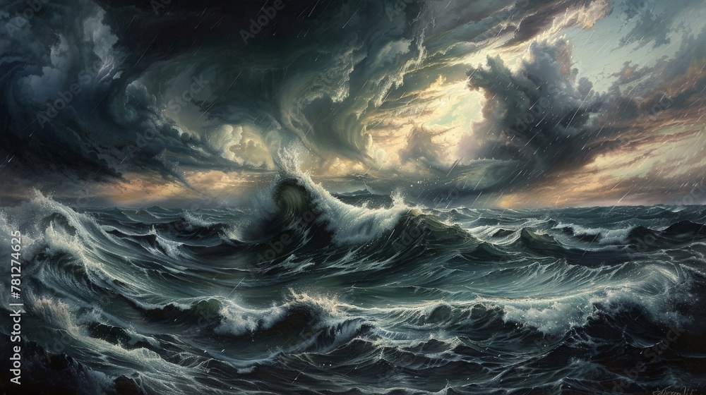 Fototapeta premium Depict the dramatic dance of stormy ocean waves, their ferocity and might against the backdrop of a darkening sky. It's nature's powerful display of force and beauty intertwined