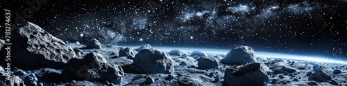 A surreal depiction of the moon’s rocky terrain with the Earth on the horizon under a star-filled cosmos photo