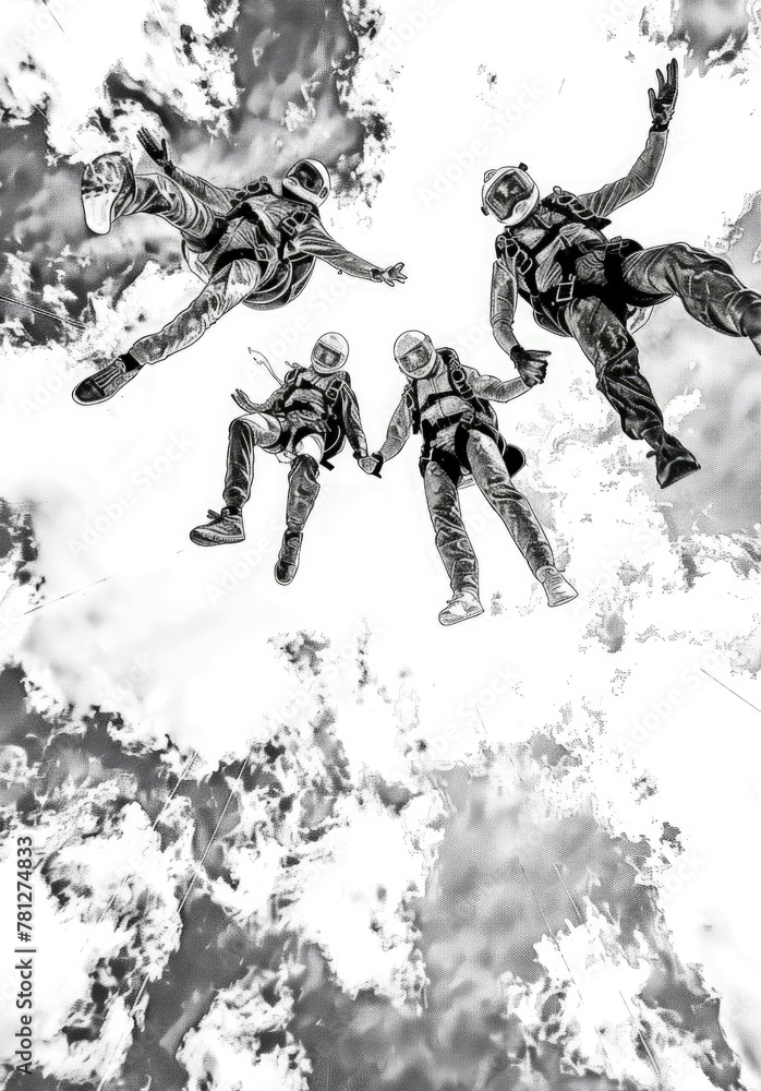 Obraz premium Multiple individuals soaring through the air while skiing together in a thrilling display of athleticism and teamwork