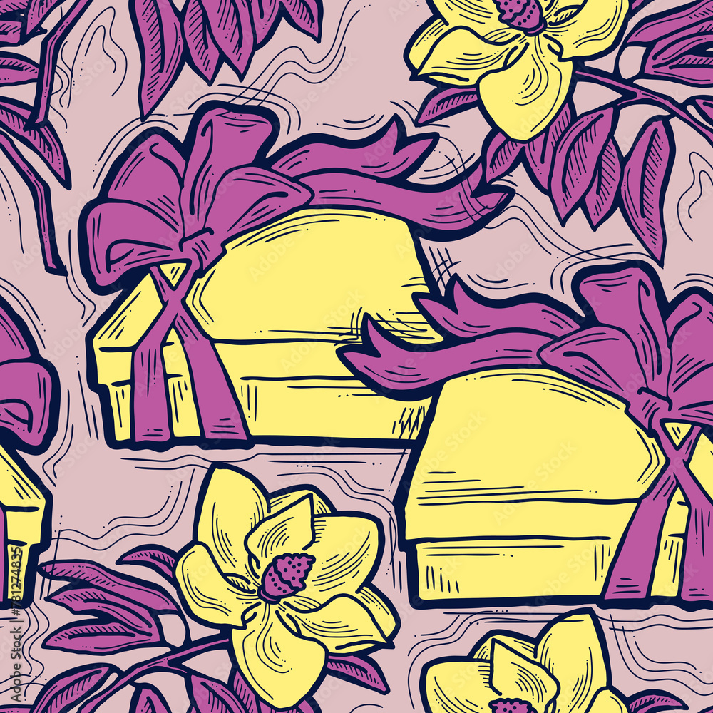 Gift box, ribbon and flowers seamless pattern for wrapping present with bow, party celebration, sale promotion, Textile print, fabric design, banner background. Hand drawn illustration cartoon style. Gift box, ribbon and flowers seamless pattern for wrapping present with bow, party celebration, sale promotion, Textile print, fabric design, banner background. Hand drawn illustration cartoon style.
