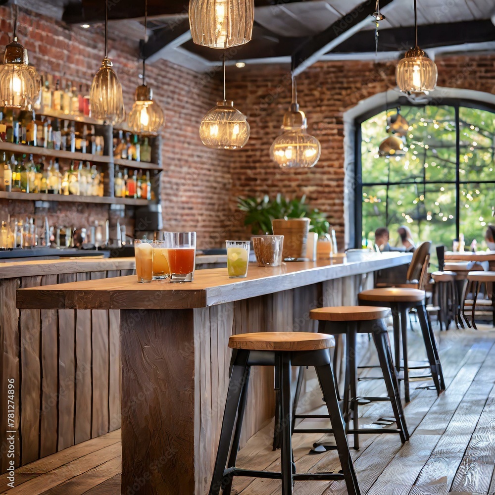 A rustic pub interior featuring a charming dark wood tabletop bar in the background, complemented by wooden barstools and exposed brick walls, creating a cozy and intimate setting for patrons to gathe A rustic pub interior featuring a charming dark wood tabletop bar in the background, complemented by wooden barstools and exposed brick walls, creating a cozy and intimate setting for patrons to gathe