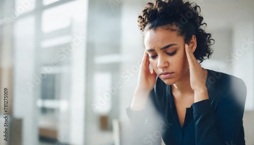 30 year old black woman with curly hair holding their head in their hands with a concerned expression, in a bright indoor business environment photo