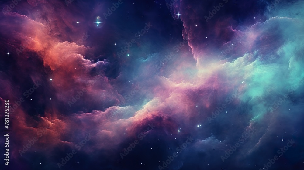 This image captures the breathtaking beauty of a cosmic nebula, with vivid colors, starry twinkles, and ethereal cloud formations in a vast universe