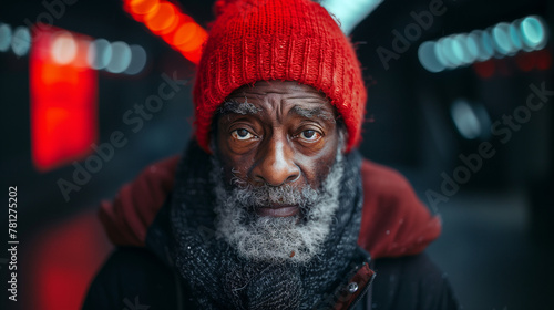 Portrait d'un homme âgé sans domicile fixe vivant dans un parking dans le froid de l'hiver, précarité et pauvreté photo