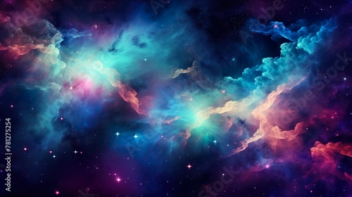 Vibrant hues of pink, blue, and purple blend to create a celestial tableau, evoking the mysterious vastness of outer space and cosmic clouds photo